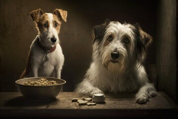 two dogs eagerly waiting for their meal next to a bowl of food. Generative AI