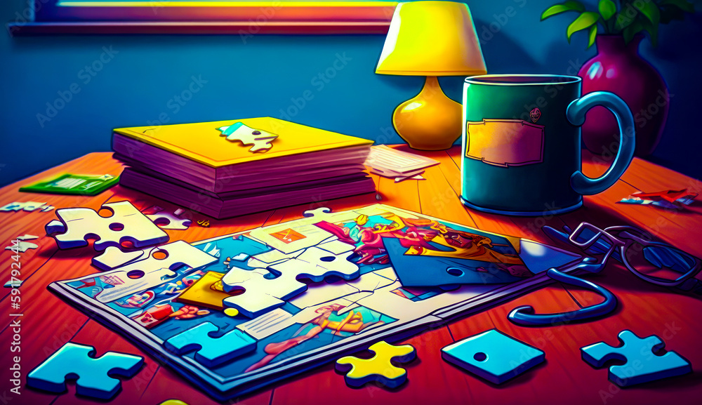 Aufkleber painting of puzzle on table next to lamp and can of soda. generative ai.