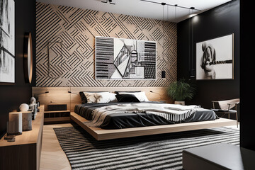 bedroom with a minimalist platform bed, geometric wall art. generative AI
