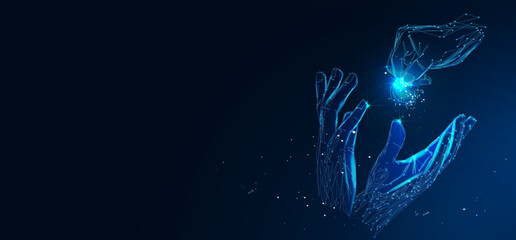 Hand giving and receiving coin. Abstract vector illustration in dark blue. Donation money, charity, payment concept. Low poly mesh wireframe with connected dots, lines, stars and shape