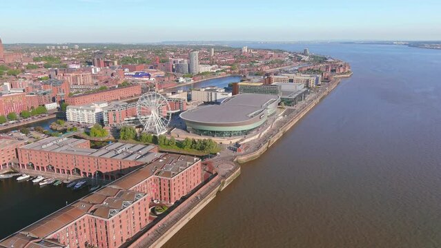 Liverpool, UK: Aerial view of city and seaport in England, famous Royal Albert Dock Liverpool - landscape panorama of United Kingdom from above