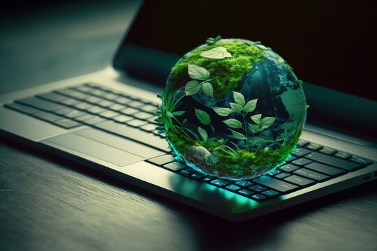 Technology with the concept of nature. Laptop keyboard with green globe. Efficient technology. Environmentally friendly technology, sustainable development goals, Generative AI
