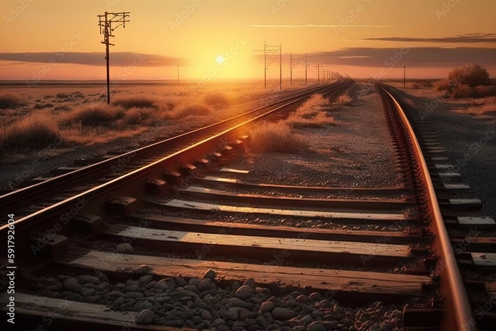 Wall mural scenic train journey during sunset with tracks stretching towards the horizon. Generative AI