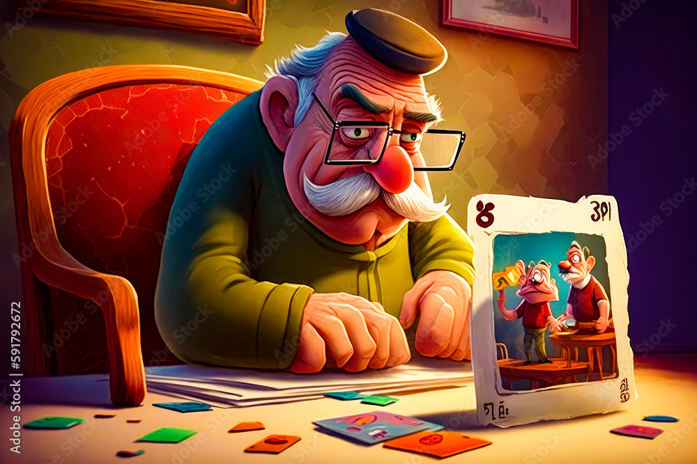 Poster man sitting at table in front of picture of cartoon character. generative ai.