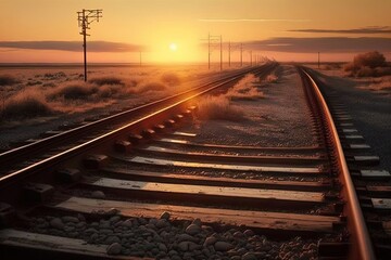 Fototapeta na wymiar scenic train journey during sunset with tracks stretching towards the horizon. Generative AI