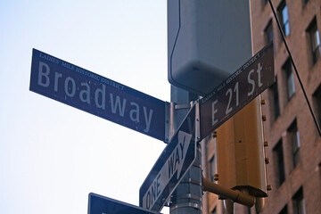 Fototapeta premium Brown East 21st Street and Broadway historic sign in Midtown Manhattan in New York City in Ladies Mile Historic District