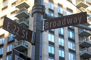 Fototapeta na wymiar Brown East 22nd Street and Broadway historic sign in Midtown Manhattan in New York City in Ladies Mile Historic District