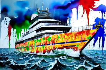 Colorful watercolor background with a ship and splashes of paint