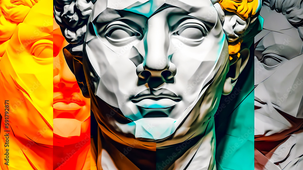 Poster painting of man's face with multiple colors of the same color. generative ai.