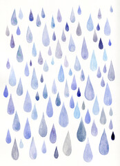 Watercolor rain drops isolated on white, stylish hand painted pattern  - 591793074