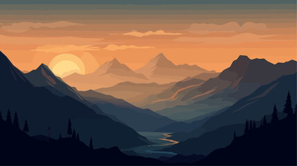 Mountain peak landscape with soft sunset light. Flat 2d vector illustration