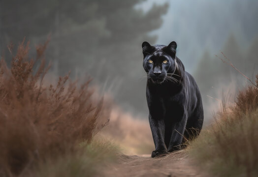 Panther close-up, photography of a Panther in a forest. A black jaguar walking through a jungle stream with green plants and trees in the background with a bright yellow light shining on its eyes