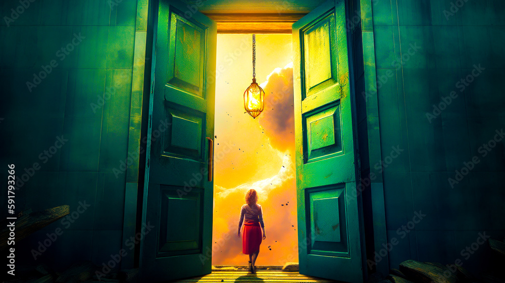 Aufkleber woman standing in front of open door with light bulb hanging from it. generative ai.