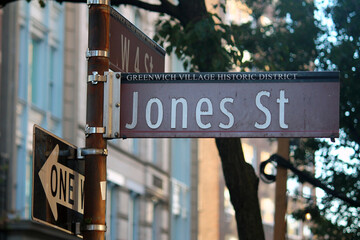 Jones Street brown traffic sign in New York in Greenwich village historic district