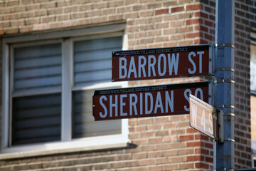 Brown Barrow Street and Sheridan Square historic sign in Midtown Manhattan in New York City in...