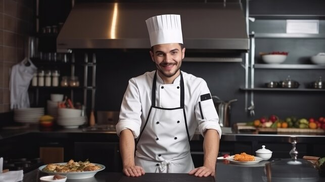 Gourmet chef in uniform cooking in a kitchen. Happy male cook wearing apron standing by kitchen counter preparing food. Generative AI.