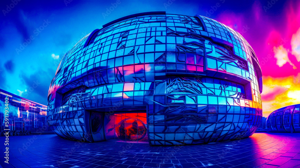 Aufkleber futuristic building that looks like it has been made out of glass and is lit up with. generative ai.