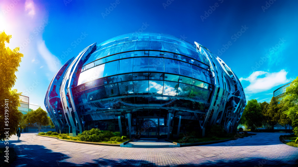 Poster very large building with lot of windows on it's side. generative ai.