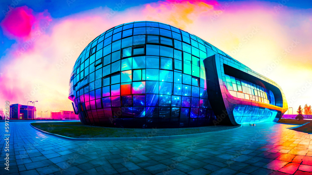 Poster large building with colorful design on it's side and sunset in the background. generative ai.
