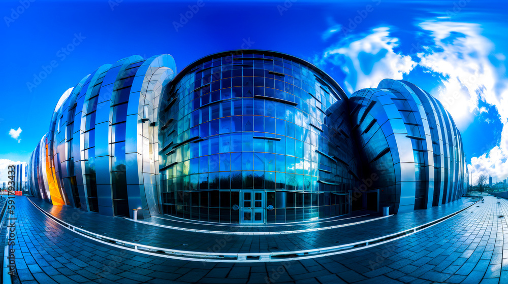 Poster large building with lot of windows and sky in the background. generative ai.