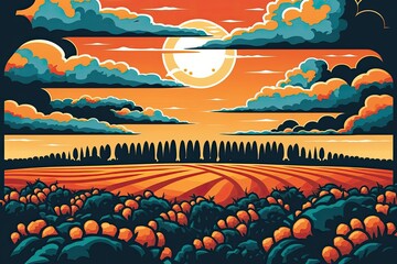 picturesque sunset over a serene countryside field. Generative AI