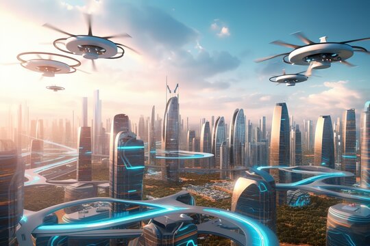 A futuristic cityscape with cutting-edge architecture, autonomous vehicles, and a network of drones and robots powered by clean, renewable energy sources