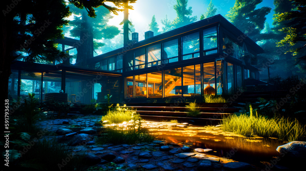 Poster house in the middle of forest with pond in front of it. generative ai.