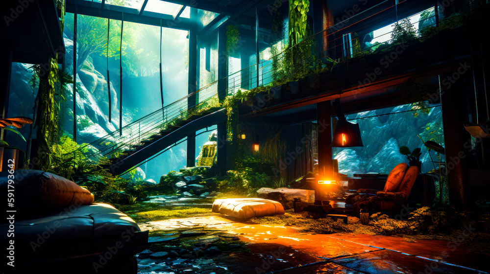Poster Building with lot of windows and plants growing on the side of it. Generative AI.