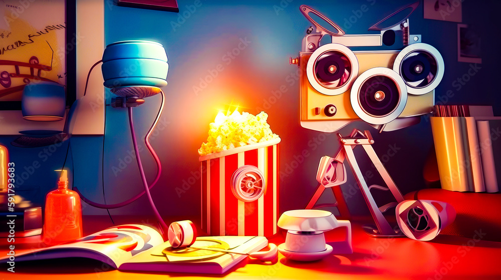 Poster painting of popcorn box and movie projector on table. generative ai.