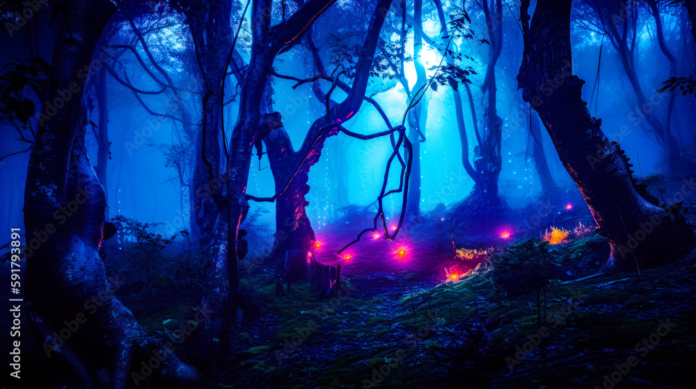 Aufkleber forest filled with lots of trees and lots of lights in the dark. generative ai.