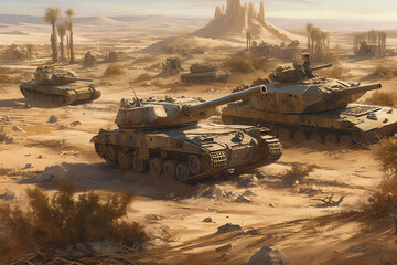 landscape with military tanks, weapons, and equipment. generative AI