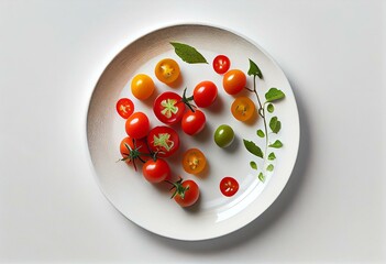 Naklejka na ściany i meble Cherry tomatoes in a plate on a white background, isolated. Top view. Generative AI