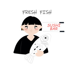 A girl with a fish, fresh fish , sushi bar. Vector illustration, logo.