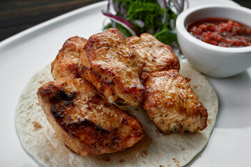 Mouth-watering turkey shish kebab on lavash bread