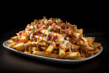 loaded fries smothered in cheese, beef, and sour cream. generative AI - obrazy, fototapety, plakaty