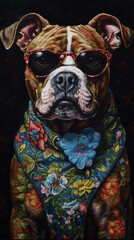 Anthropomorphic Dog Wearing Sunglasses On A Black Background With Colorful Dress In Painting Style Generative Ai Digital Illustration Part#120423