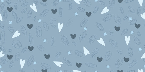 Seamless heart and hand drawn doodles on blue background, vector.