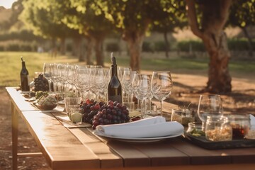 A rustic and elegant wine tasting event set in a picturesque vineyard, with a long wooden table adorned with various wine glasses, bottles of wine, charcuterie boards, and fresh grapes