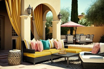 cozy outdoor patio with furniture and umbrellas. Generative AI