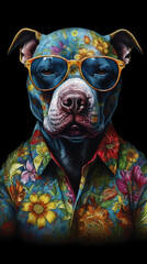 Anthropomorphic Dog Wearing Sunglasses On A Black Background With Colorful Dress In Painting Style Generative Ai Digital Illustration Part#120423
