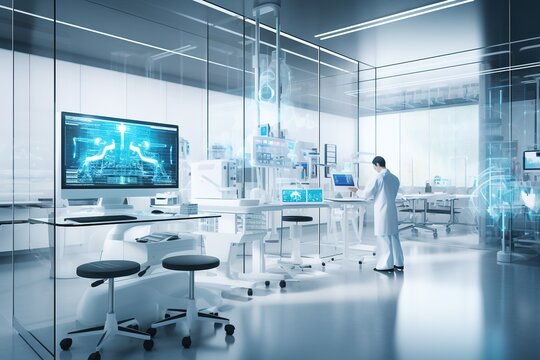 A sophisticated laboratory with cutting-edge equipment and scientists using artificial intelligence, robotics, and biotechnology