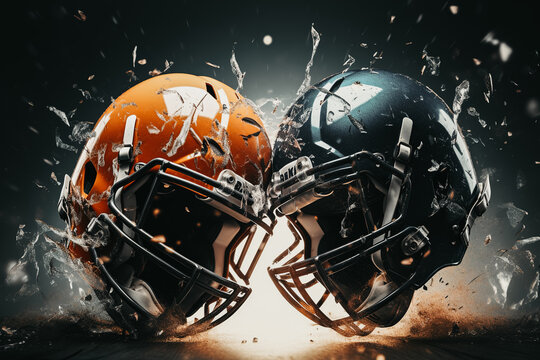 Two football helmets crashing into each other. The concept of rivalry on the field between two teams in American football. Generative ai