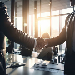 Fototapeta premium Business people, shaking hands and partnership at night for b2b, deal or corporate agreement at office. Employees handshake working late in collaboration, teamwork or welcome in hiring or recruitment