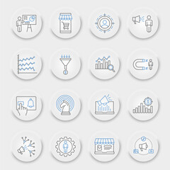 Marketing line icon set, digital marketing collection, vector graphics, neumorphic UI UX buttons, marketing vector icons, seo signs, outline pictograms, editable stroke