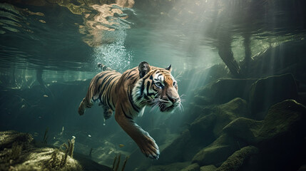 Fototapeta na wymiar Tiger diving under water. Generative AI