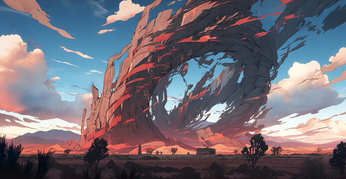 surreal view of a twisted rock formation, animel style. generative AI