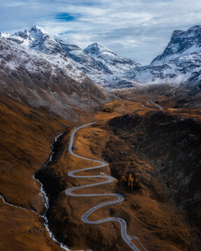 Aerialview of Julierpass in the Swiss Mountains