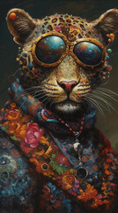 Anthropomorphic Leopard Wearing Sunglasses On A Black Background With Colorful Dress In Painting Style Generative Ai Digital Illustration Part#120423