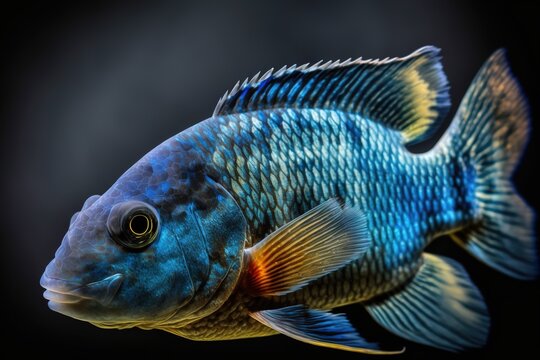 Underwater cichlids in an aquarium. A single exotic haplochromis moorii, sometimes known as the blue hap, swims freely in a tank. a narrowing of attention. Generative AI
