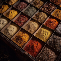 Colorful spices at a traditional market. Generative AI